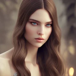 woman with Light-brown long hair, dark fantasy setting, ethereal, soft lighting, soft green-brown eyes, soft facial features