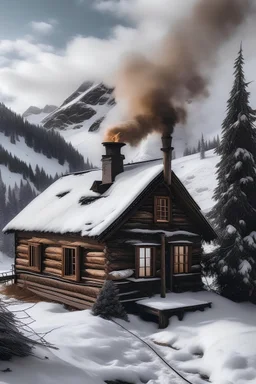 “A cozy cabin nestled in a snowy mountain landscape, with smoke curling from the chimney.”