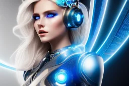 A beautiful portrait of a cute smiling cyber woman with wings, long blond platinum hair, luminous blue eyes, high key lighting, volumetric light high details with blue and white stripes white luminous celtic paterns, beam starry background