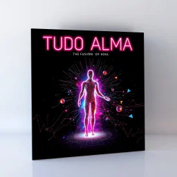 A electronic album cover with a vibrant and dynamic design. The title 'TUDO ALMA' is prominently displayed in sleek, neon-colored typography that glows against a dark, space-like background. The central image features a silhuette made of light, their body dissolving into a stream of colorful data and sound waves, symbolizing the fusion of soul. Surrounding the figure are abstract shapes and geometric patterns, all pulsating with energy, creating a sense of movement and rhythm. A masterpiece.