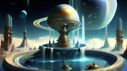 antigravitational realistic stratosphere giant Mesopotamia spacestation fountain expelling many strange lifeforms