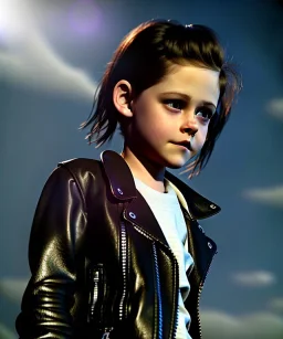 Kristen stewart toddler, full body, leather jacket, dramatic lighting, hyper realistic