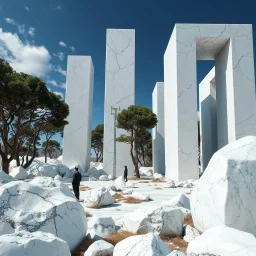 Magnifica immagine di un paesaggio con marmi imponenti accanto a strutture artificiali verticali altissime e alberi. S Queste strutture sembrano blocchi rettangolari riflettenti, come colonne di vetro, che creano un contrasto tra il naturale e l'artificiale. Gabbia brutalista si erge solitaria. Persona osserva. bianco con venature e solchi. Strani edifici. La scena trasmette un senso di dialogo tra elementi organici. Dettagli degli specchi e delle rocce molto accentuati.