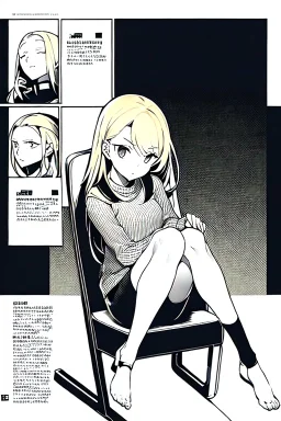 blonde girl converses sitting on a chair., grayscale, manga page