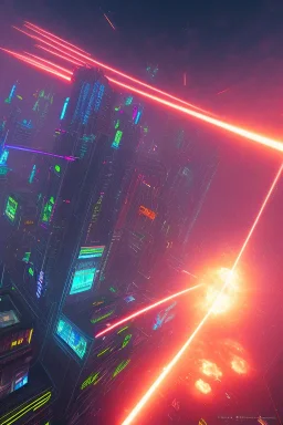 energy beam from the sky destroys a cyberpunk city, sunset, ambience, eerie, 8k, wallpaper