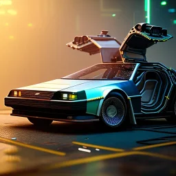 cyberpunk army DeLorean, cyberpunk 2077, center composition, water reflection, ultra realistic, shiny, smooth, studio quality, octane render, Surrealism, Triadic colour scheme, glow-stick, god rays, mist on the horizon, ambient lighting, nightclub lighting, polaroid, 100mm, --ar 1:1 --v4