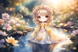 cute chibi anime silk princess in a flowergarden with beautiful flowers, pond, in sunshine, watercolor and black in outlines, golden glitter, ethereal, cinematic postprocessing, bokeh, dof