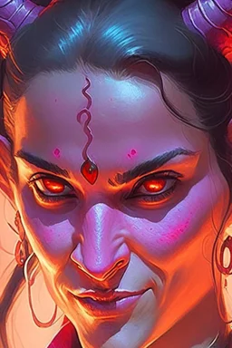 purple skin, glowing fiery eyes, smile, soft female face, beautiful, graceful, horns from forehead, pontail, black hair, sidebangs, looking up