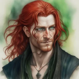 dnd, fantasy, watercolour, large strokes, stylistic, portrait, illustration, dull colours, male, face, narrow long face, weathered face, green eyes, determined, smiling, red hair, very long hair streaming down the shoulders, lush hair, radiating light, five o'clock shadow, elegant