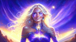 Full body portrait of a peaceful smiling gorgeous blonde Goddess of the galaxies with a blue indigo purple skin, high skul, luminous eyes in a galactic sunset