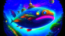 Fantasy00d Anglerfish Spacecraft Flying at Warp Speed, Stars, Planets, Galaxies, Universe, Futuristic, Ultra Detailed, Lisa Frank, Thomas Kinkade, Robert Gonsalves, Greg Rutkowski