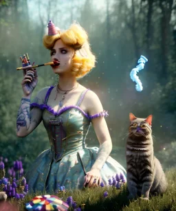 Ultra realistic wonderland photo, happy blonde woman smoking a shisha, blue dress, purple cat friend, circus dress style, old school tattoo, smoke, marijuana garden, glow eyes, perfect iris, soft color, highly detailed, unreal engine 5, cinematic, ultra detail, volumetric lighting, high definition.