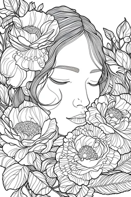 coloring page of big beautiful bouquet of peonies all around her face, her eyes are closed and dreaming peacefully, only her face shows, her face fully covered by the bouquet of peonies, use black outline with a white background, clear outline, no shadows