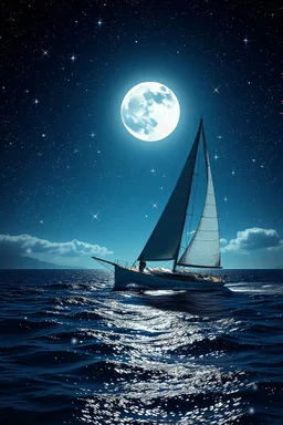 Split toning: sparkling stars and shimmering water sparkles envelop the majestic sailboat, bright night moon radiating magical light illuminates the sailboat's path, the air is filled with energy and magic of night stars, photorealism