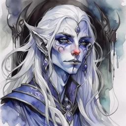 dnd, fantasy, watercolour, large strokes, stylistic, portrait, illustration, dull colours, woman, dark elf, drow, face, narrow long face, cruel face, cold demeanor, purple eyes, piercing eyes, vicious expression, white hair, very long hair streaming down the shoulders, lush hair, elegant, short small mouth, cruel smile