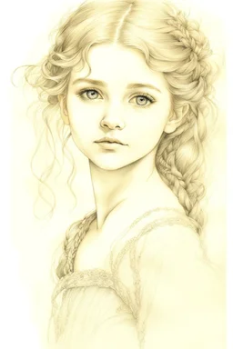 pencil and charcoal line sketch portrait of a beautiful young girl, big brown sparkling eyes, slight smile, fantasy clothes, messy hairstyle, intricate details and precisely drawn cross-hatching lines throughout the drawing, bold lines Modifiers: beautiful very cute Arthur Rackham Jean-Baptiste Monge Josephine Wall Thomas Wells Schaller shabby chic water colour painting Pencil and pastel sketch Beautiful detailed eyes pastel patchwork line art