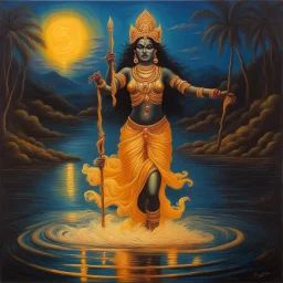 An oil painting of goddess Kali crossing a lake, neon gold colors