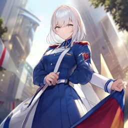 Clear focus, High resolution, medium length hair, white cyan hair, cyan eyes, wearing a american uniform, Sighing, wearing a medium skirt,