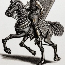 Crea una grabado de un caballero medieval en armadura montando un caballo galopando por el campo. La armadura del caballero debe estar decorada con detalles dorados o plateados, y el caballo debe ser fuerte y musculoso, con detalles metálicos dorados o plateados en la silla de montar. La técnica de grabado debe ser meticulosa y detallada, utilizando sombras y texturas para crear un efecto de profundidad y realismo. El fondo puede ser un campo de batalla o un campo abierto con montañas o árbo