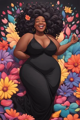 A sassy thick-lined chalk art style cartoon black female lounging lazily on her side, surrounded by colorful large flower petals. her curvy body silhouette a black maxi dress. Looking up coyly, she grins widely, showing teeth. Her poofy hair forms a mane framing her confident, regal expression.