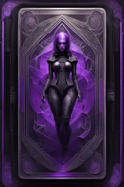 sacred geometry framed playing card, black and purple dancer thief shadows boss card in the style of Giger and fallout 4 ,,bokeh like f/0.8, tilt-shift lens 8k, high detail, smooth render, down-light, unreal engine