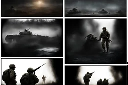 Masterpiece1:5)(Fineart), (award-winning:1.5), highest quality, (ultra realism:1.5) war journalism(,(by Tim Page and Hoorst Faas:1.5))(photorealistic:1.8),RAW pictures (Eastern Ukraine:(panel one:the moment after a battle ends, horrors of war, wounded men),(2nd panel, cinematic shot of men sitting in trench with 1000 yard stare (focus on their eyes:1.5)),(the third panel shows troops tired but hyper alert), (the fourth panel shows the sky is filled with incessant, fire and smoke,)