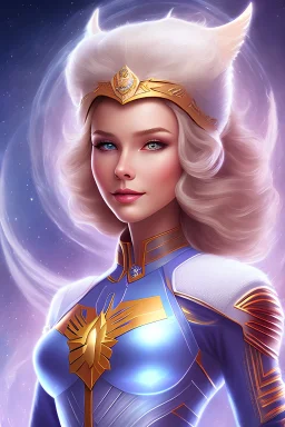 Portrait young woman cosmic admiral from the future, one fine whole face ,large cosmicforehead,crystalline skin, expressive blue eyes, blue hair, smiling lips, very nice smile, costume pleiadien