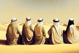 Four Arab sheikhs sitting in the desert wearing typical Arab dress, looking towards the four cardinal points. A talll fat european man in business suit wathcing them while thinking.