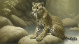A vile leopard in a river by Robert Bateman