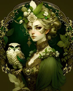 Beautiful venetian green and brown ink art rococo style Forest elf youndg woman portrait adorned with Forest owl and bird nest malachit and white ink art covered and bird headdress palimpsest venetian masquevoidcore rococo style botanical filigree Forest botanical wooden embossed costume armour ribbed with Forest mineral stone Bell flowers and costume botanical malachit colour and beige ink art brown ink art embossed wooden filigree splahed ink art dress organic bio spinal ribbed detail of boke