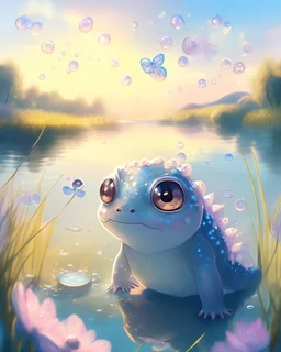 content feraligatr pokemon creature with big sparkly eyes in a lake, on a calm summer morning. Baby pastel colours. Flowers and bubbles in background. Sparkles, sun and fireflies around. Butterflies