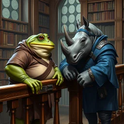 visible to half body a big and fat anthropomorphic frog hybrid in human clothes talking with a strong anthropomorphic rhinoceros no horn, without horns in blue simple guard clothes, they talking and leaning on a wooden banister, in background a bibliothek with tall book shelves, detailed sci-fi, fantasy mood