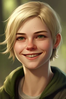 portrait of a 18 year old girl named Jade, friend of a main character of a youth novel, nordic, full lips, blond short hair, smiling