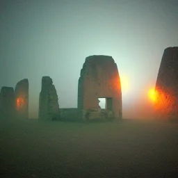 ancient ruins fog bright colors lights UFO night