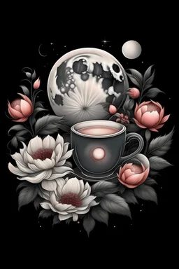 Realistic digital Tattoo design of crescent moon against a night sky framed by peonies, dahlias. And coffee arabica flower