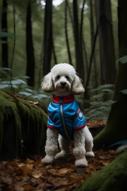 perro de traje de superheroe estilo caniche en los bosques chaqueños
