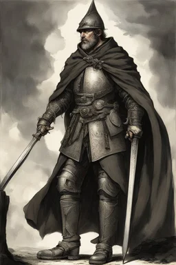 A commander with a black cloak and a long coat with long combat boots and a long spear with his Helmet under his cloak