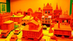 An orange color town made out of toys painted by Andy Warhol