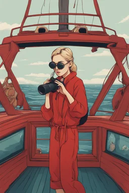 23 years old girl, with blond hair and a messy bun. standing on in a red boat, wearing red clothes and looking trough binoculars watching something in the middle of the sea. You see the whole boat. You see the gril in front. It's a ferry. Wes anderson style. In front. Sarcastic vibe. Old school interior. she stands in the kitchen of the boat