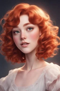 A short girl with thick short wavy red hair, narrow kind eyes with an enthusiastic look. A wide oval face is decorated with an upturned nose and small lips, a full-length ballerina in the style of genshin impact