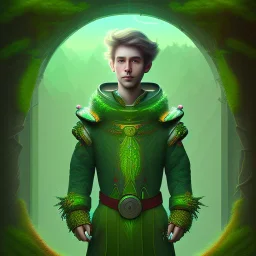 spray painting fantasy art, portrait cute poet priest with dark green clothes standing in portal to desert world from forest world with wind,poetry book illustration