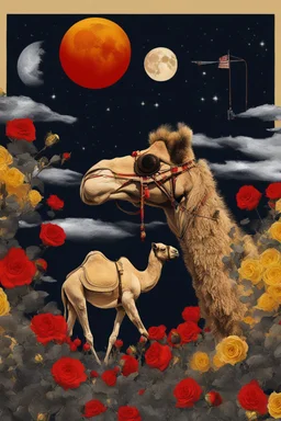 A weird abstract image of an oasis, a camel, astronot, broken bicycle, bush of yellow roses, clear skies with red moon