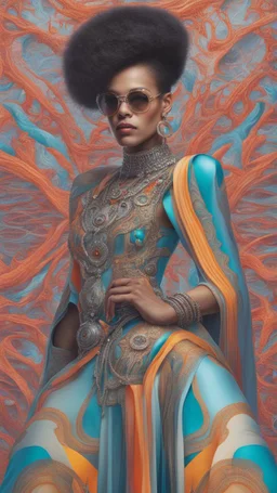 Hyperrealistic portrait of a beautiful woman wearing intricately detailed colorful clothing and futuristic jewellery.