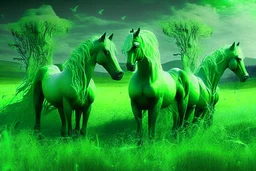 fantasy magical green horses in a field