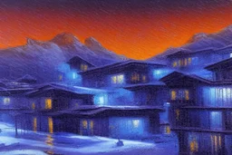 Night, winter, cyberpunk buildings in the mountains, tendency to science fiction, impressionism painting