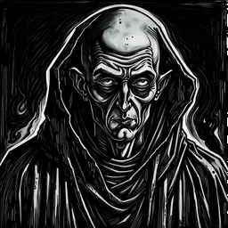 A gothic horror type drawing of a monk in black and white