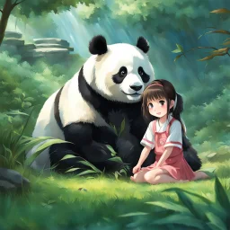 very beautiful realistic anime10 years old girl playing with a panda