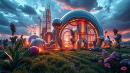 Dynamic cifi country side ,hypnotic of 3D structures Symmetry twisting and morphing between cifi plants , cifi flowers and metal geometric 3d structures buildings ,cifi cars, smooth translucent iridescent glass with inner glow and bubbles, varied transparent materials, stormy skies, intense dramatic