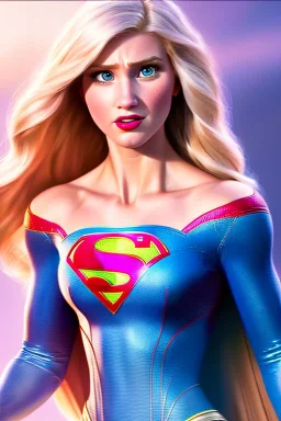 hyper realist, hyper detailed, stunningly beautiful blonde supergirl, athletic realistic body, by greg rutkowski, magali villeneuve, artgerm, wlop, rossdraws, concept art, digital painting