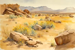Sunny day, rocks, weeds, mountains, rocky arid land, sci-fi, fantasy, epic, winslow homer watercolor paintings